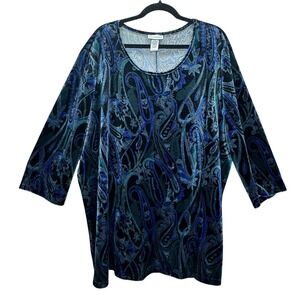 Catherine's 3X‎ 26 28W Blue Teal Black Paisley Velvet Blouse Whimsical Forest